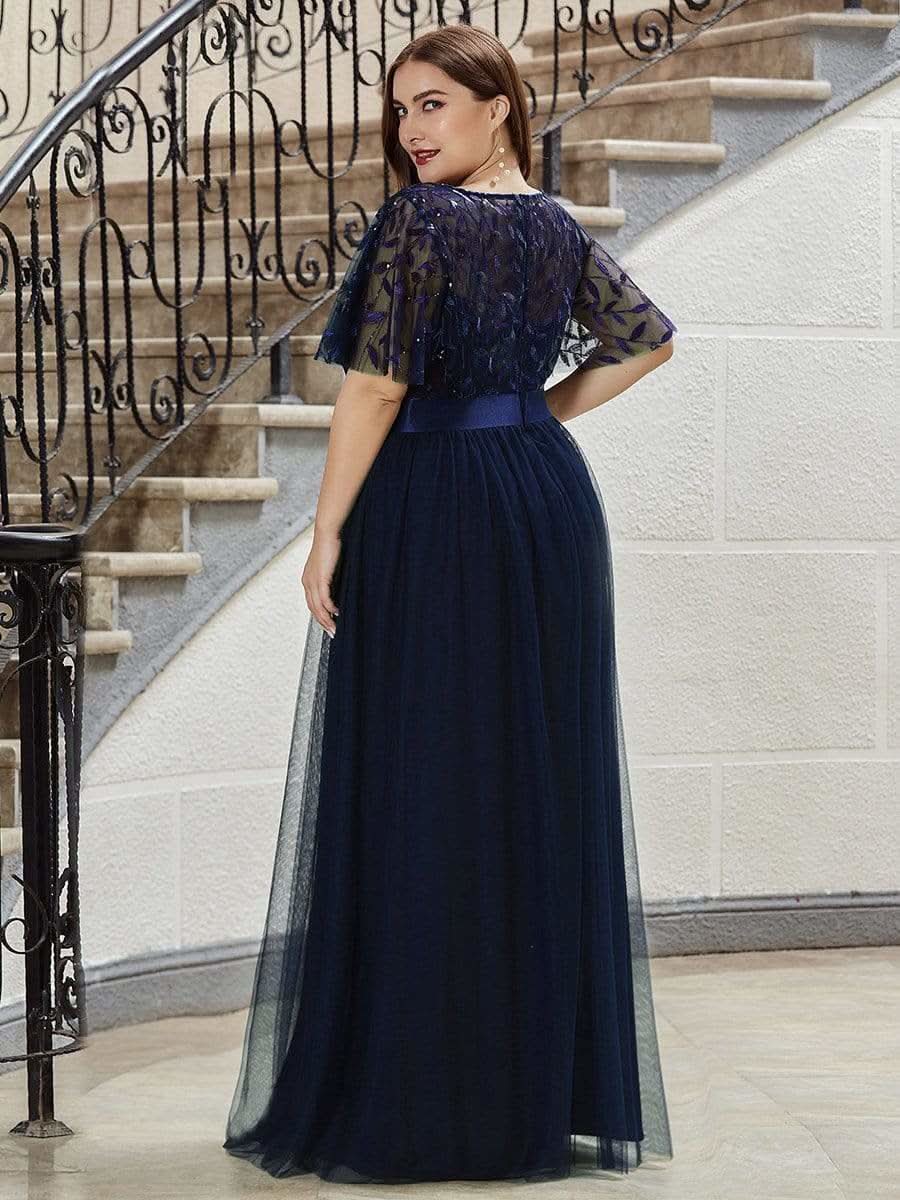Plus Size Damen A-Line Stickerei Kurzarm Bodenlanges Brautjungfernkleid #Farbe_Navy Blau