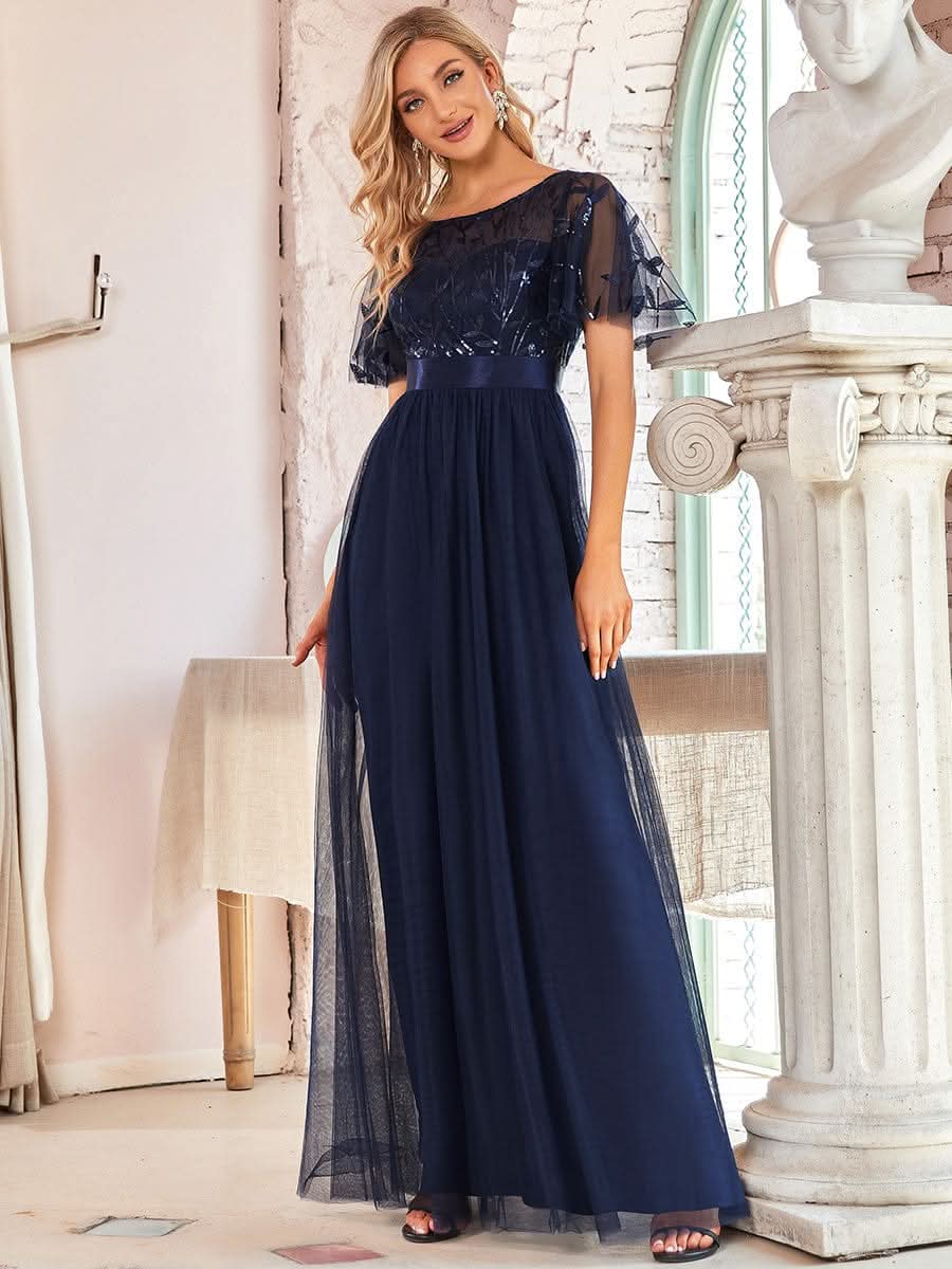Damen A-Line Kurzarm Stickerei Bodenlanges Abendkleid #Farbe_Navy Blau