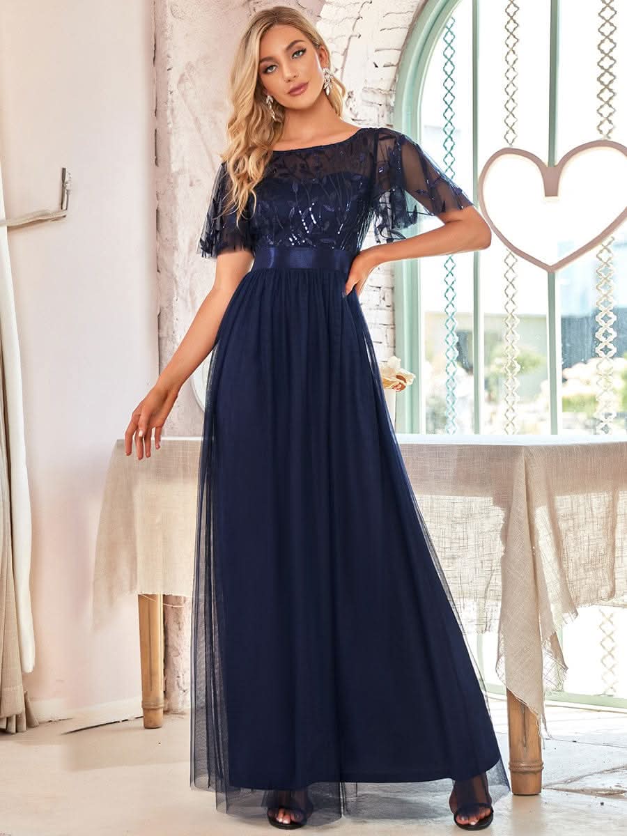 Damen A-Line Kurzarm Stickerei Bodenlanges Abendkleid #Farbe_Navy Blau