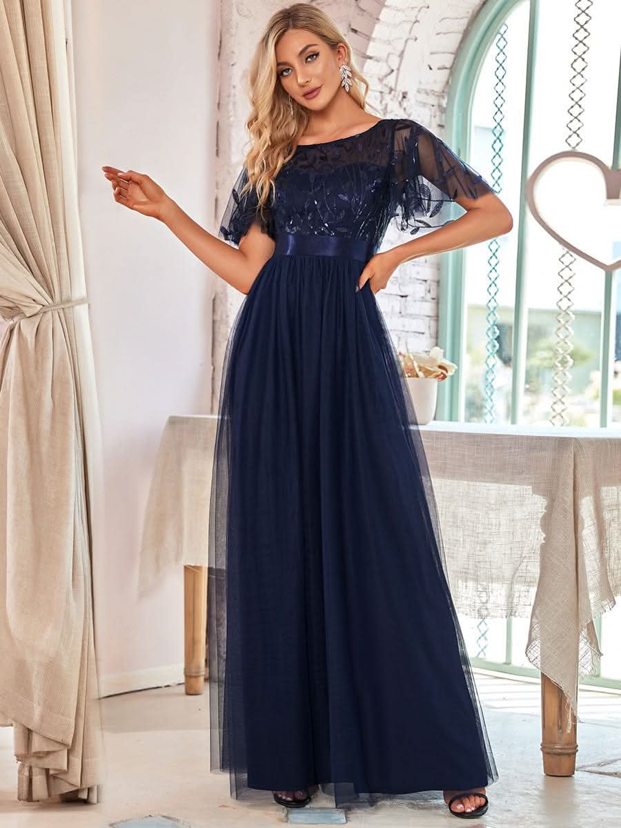 Damen A-Line Kurzarm Stickerei Bodenlanges Abendkleid #Farbe_Navy Blau