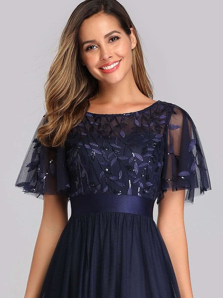 Größe Nach Maß Damen A-Line Kurzarm Stickerei Bodenlanges Abendkleid #Farbe_Navy Blau