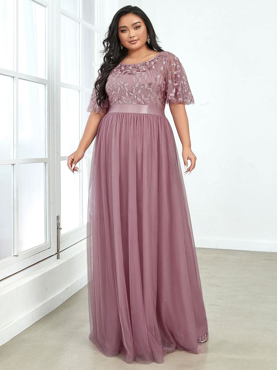 Plus Size Damen A-Line Stickerei Kurzarm Bodenlanges Brautjungfernkleid #Farbe_Orchid