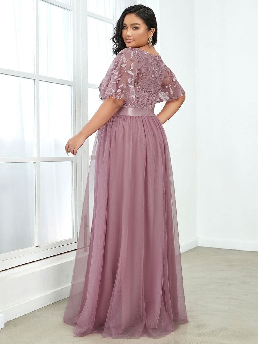 Plus Size Damen A-Line Stickerei Kurzarm Bodenlanges Brautjungfernkleid #Farbe_Orchid