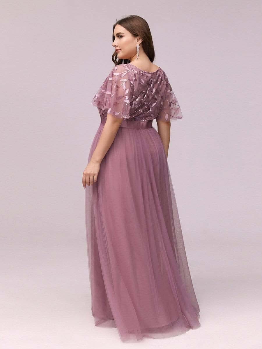 Größe Nach Maß Damen A-Line Kurzarm Stickerei Bodenlanges Abendkleid #Farbe_Orchid