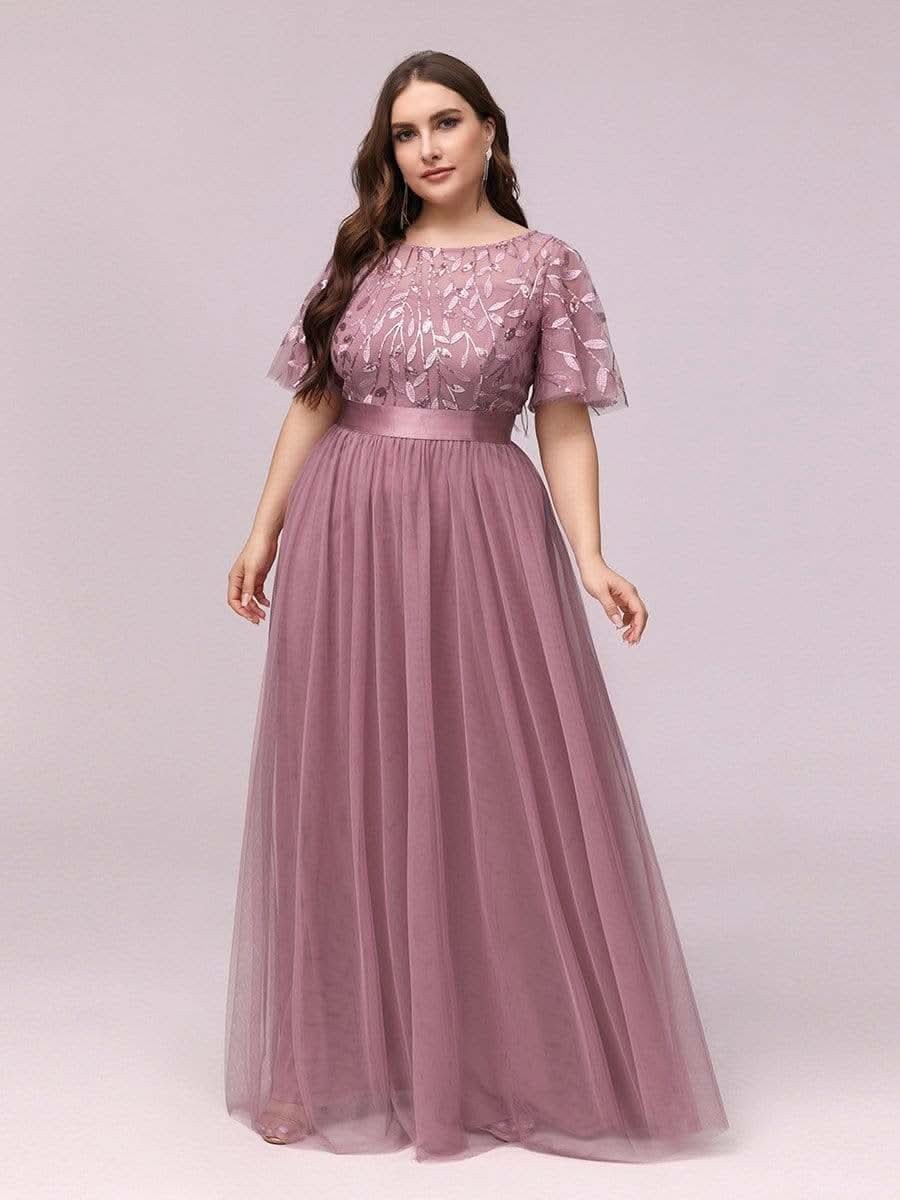 Plus Size Damen A-Line Stickerei Kurzarm Bodenlanges Brautjungfernkleid #Farbe_Orchid