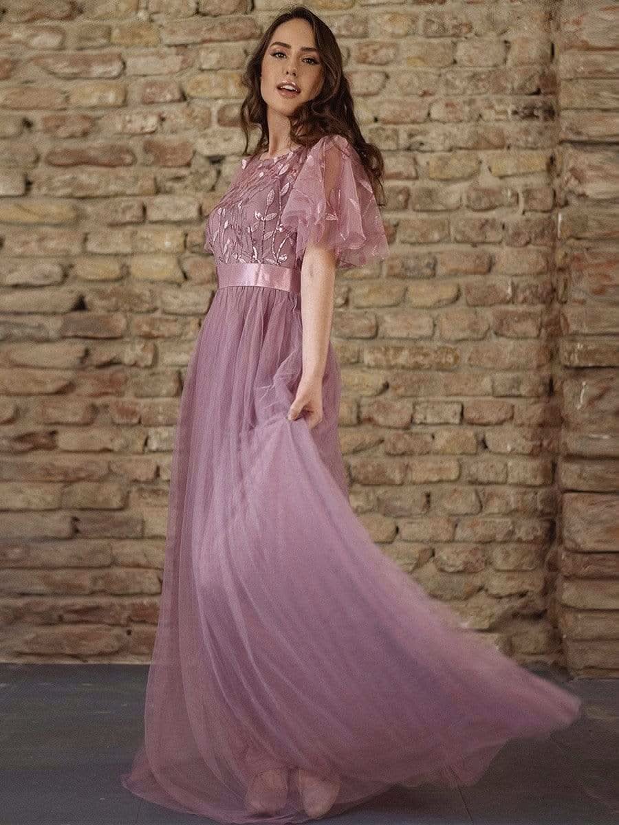 Größe Nach Maß Damen A-Line Kurzarm Stickerei Bodenlanges Abendkleid #Farbe_Orchid