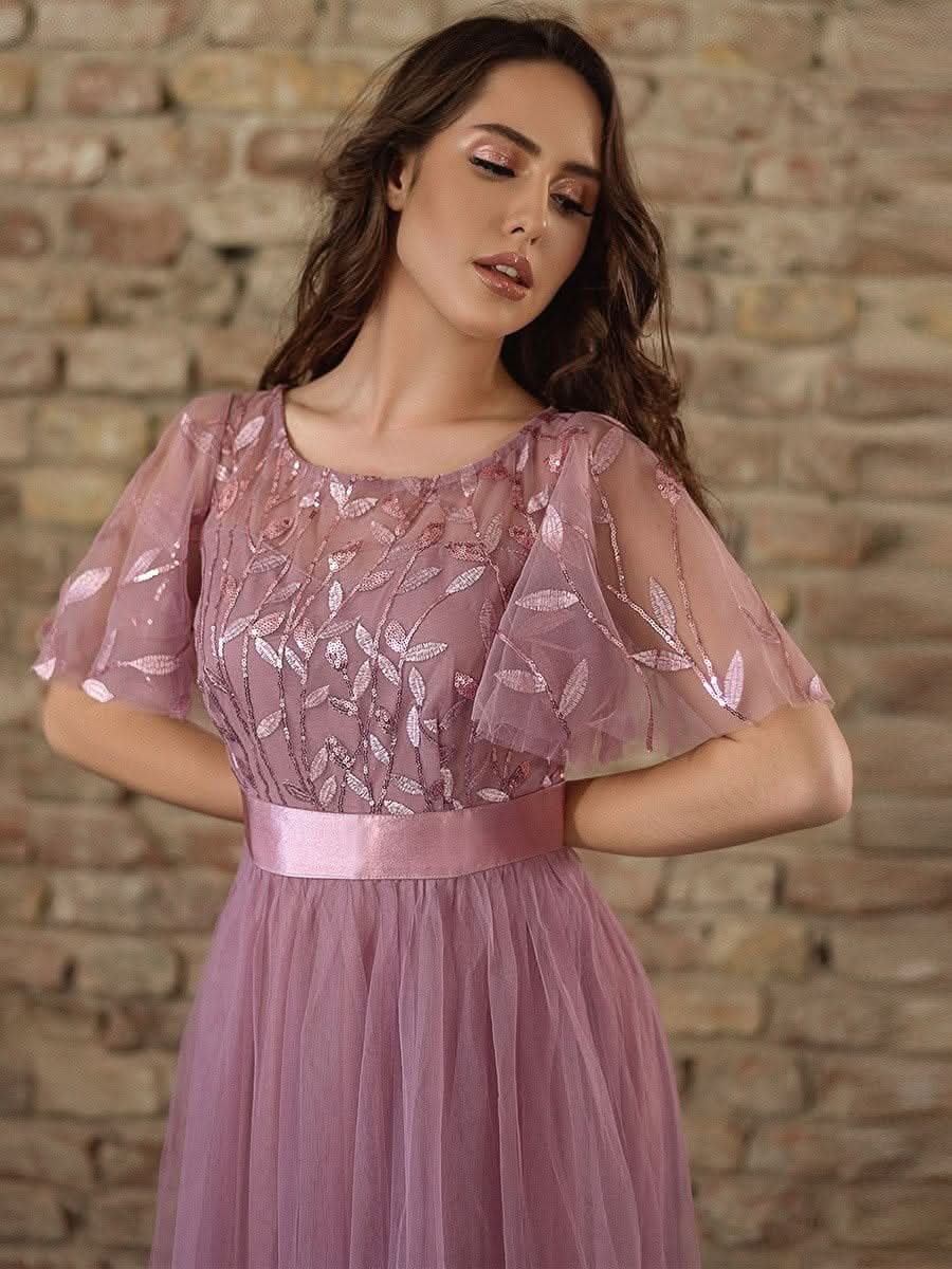 Größe Nach Maß Damen A-Line Kurzarm Stickerei Bodenlanges Abendkleid #Farbe_Orchid