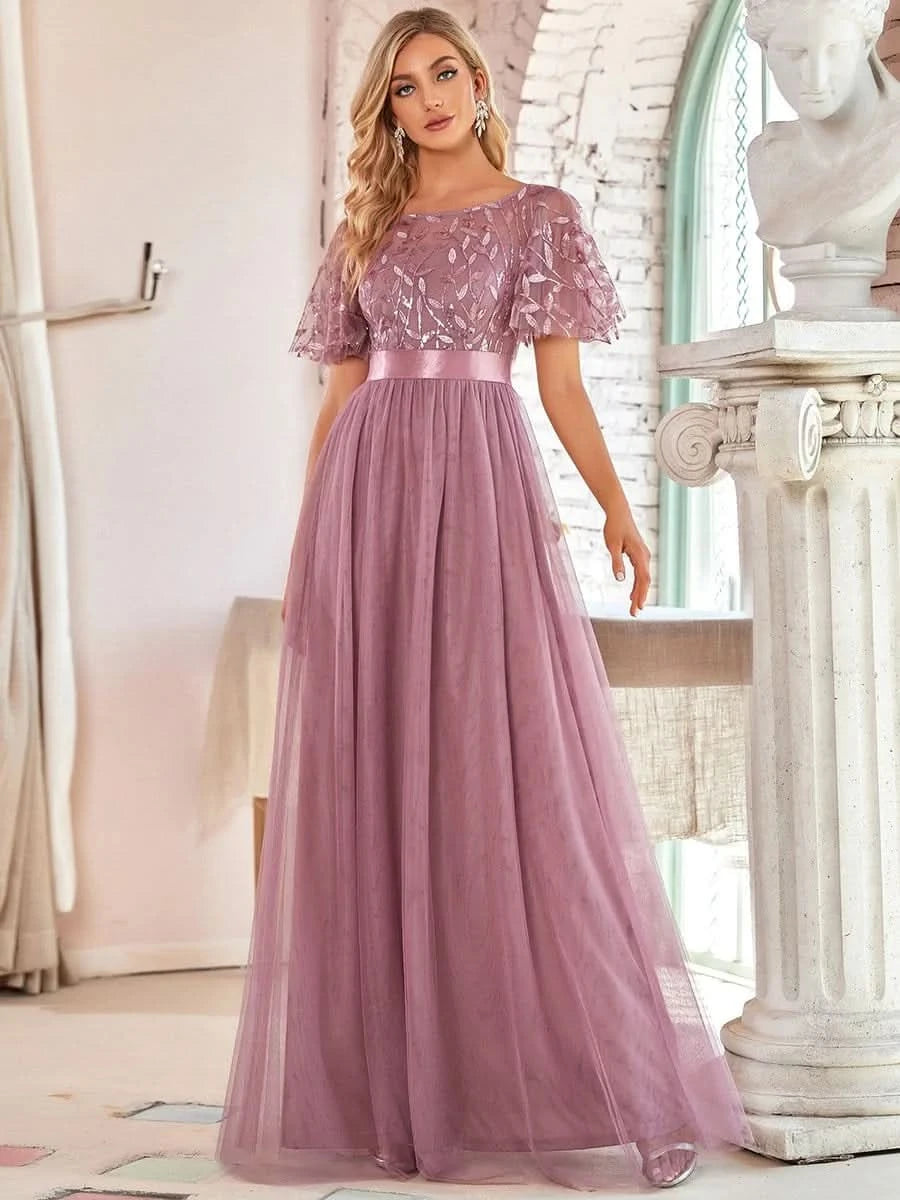 Größe Nach Maß Damen A-Line Kurzarm Stickerei Bodenlanges Abendkleid #Farbe_Orchid
