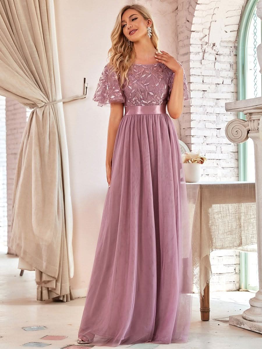 Größe Nach Maß Damen A-Line Kurzarm Stickerei Bodenlanges Abendkleid #Farbe_Orchid