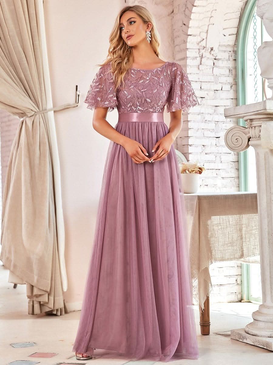 Damen A-Line Kurzarm Stickerei Bodenlanges Abendkleid #Farbe_Orchid