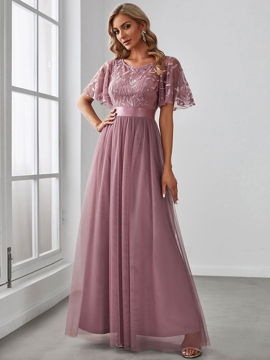 Damen A-Line Kurzarm Stickerei Bodenlanges Abendkleid #Farbe_Orchid