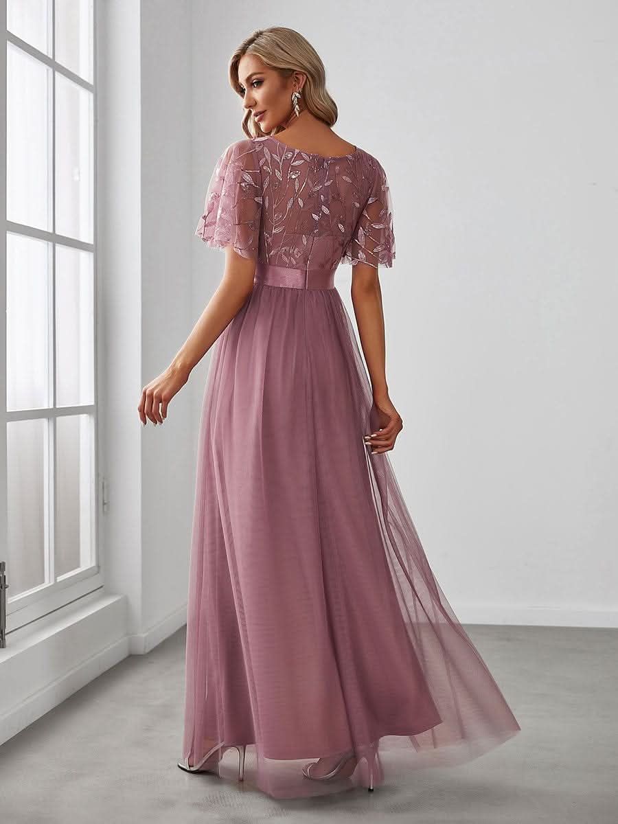 Damen A-Line Kurzarm Stickerei Bodenlanges Abendkleid #Farbe_Orchid