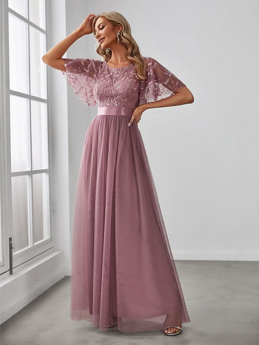 Damen A-Line Kurzarm Stickerei Bodenlanges Abendkleid #Farbe_Orchid
