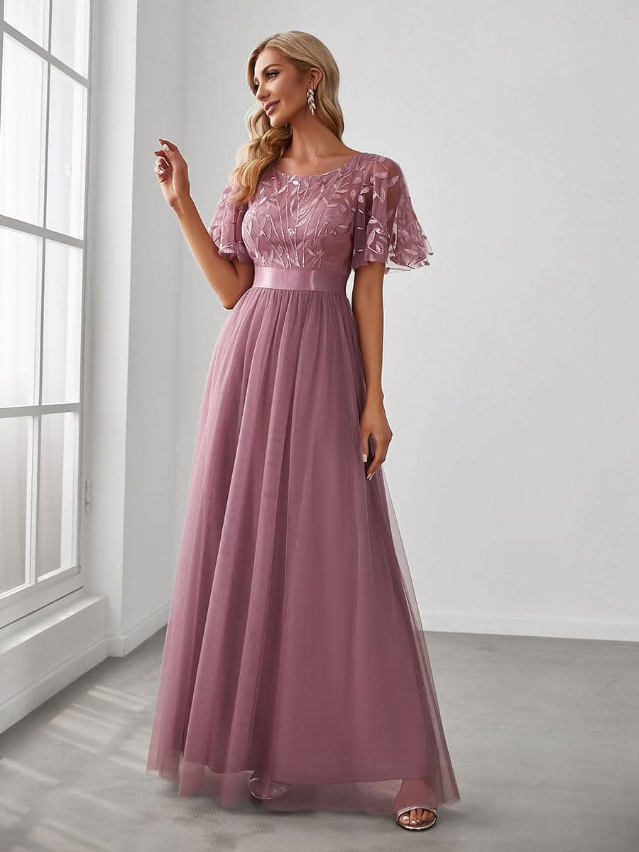 Damen A-Line Kurzarm Stickerei Bodenlanges Abendkleid #Farbe_Orchid