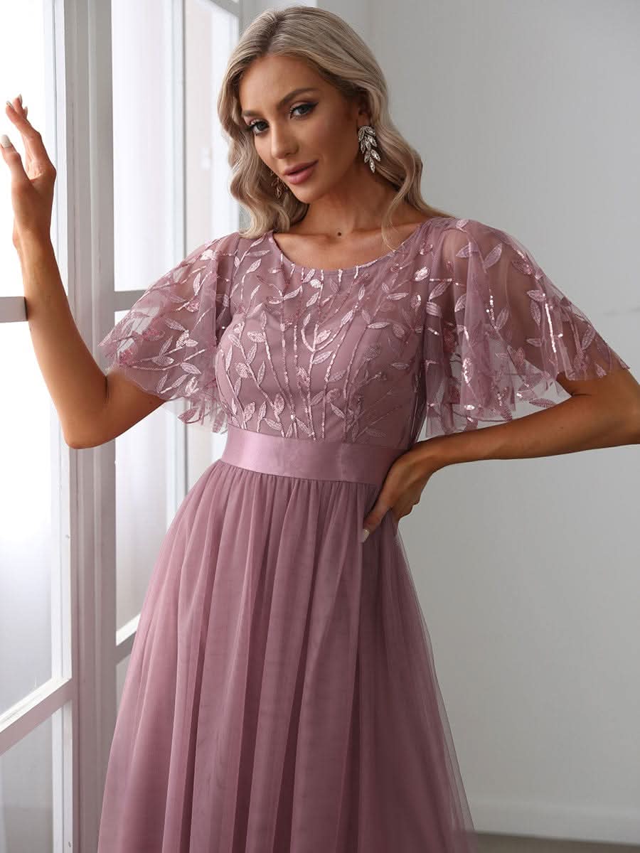 Damen A-Line Kurzarm Stickerei Bodenlanges Abendkleid #Farbe_Orchid