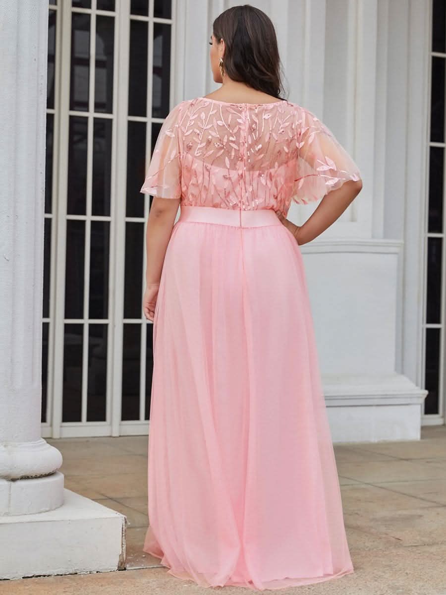 Größe Nach Maß Damen A-Line Kurzarm Stickerei Bodenlanges Abendkleid #Farbe_Rosa