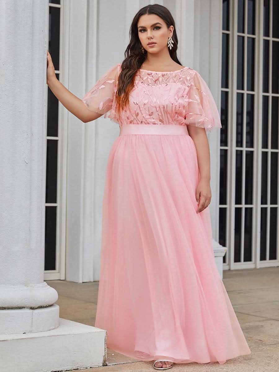 Größe Nach Maß Damen A-Line Kurzarm Stickerei Bodenlanges Abendkleid #Farbe_Rosa