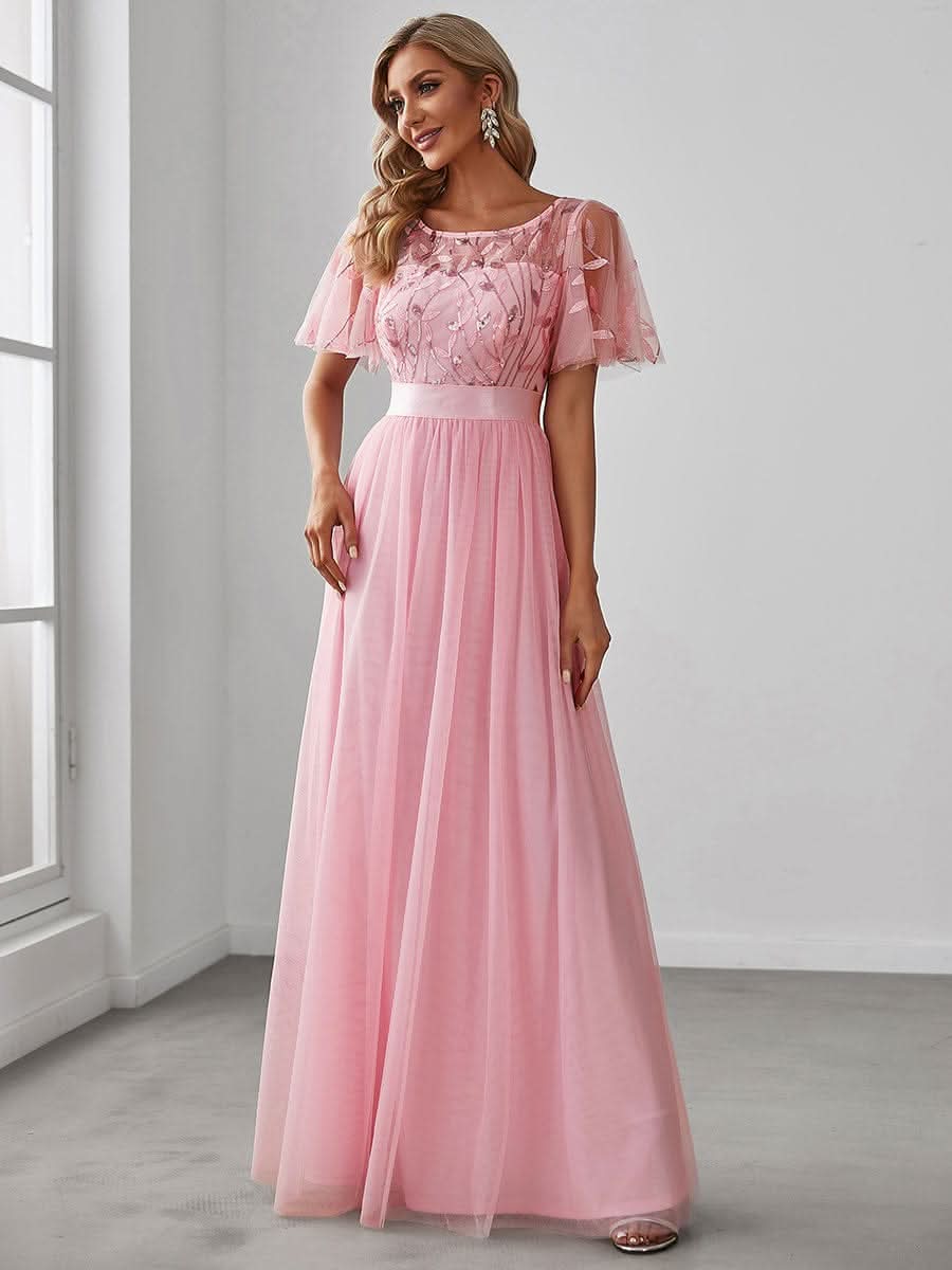 Damen A-Line Kurzarm Stickerei Bodenlanges Abendkleid #Farbe_Rosa