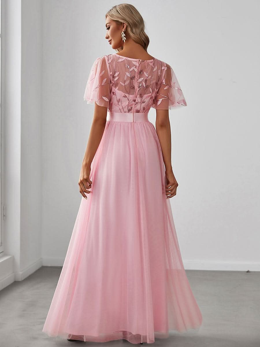 Damen A-Line Kurzarm Stickerei Bodenlanges Abendkleid #Farbe_Rosa