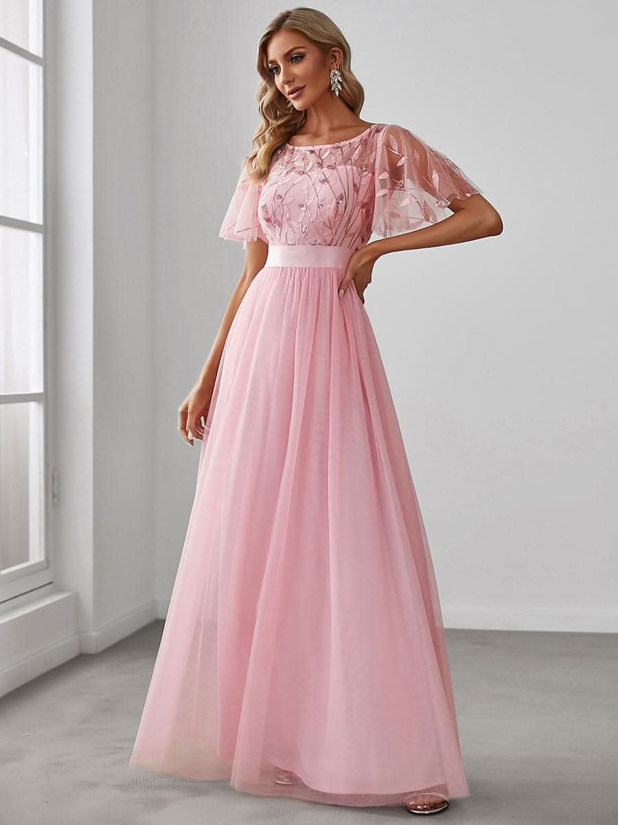 Damen A-Line Kurzarm Stickerei Bodenlanges Abendkleid #Farbe_Rosa
