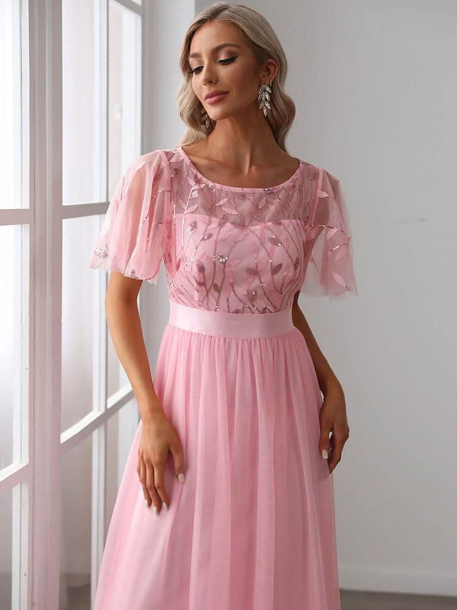 Damen A-Line Kurzarm Stickerei Bodenlanges Abendkleid #Farbe_Rosa