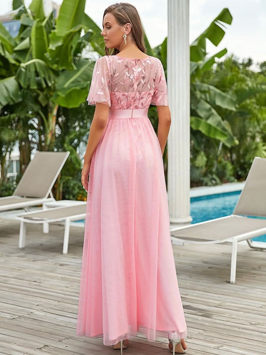 Größe Nach Maß Damen A-Line Kurzarm Stickerei Bodenlanges Abendkleid #Farbe_Rosa