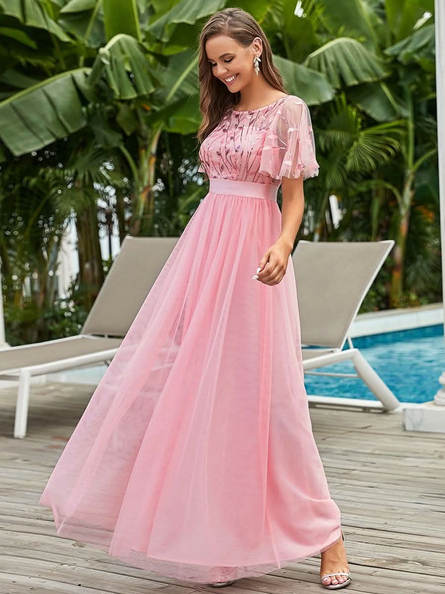 Größe Nach Maß Damen A-Line Kurzarm Stickerei Bodenlanges Abendkleid #Farbe_Rosa