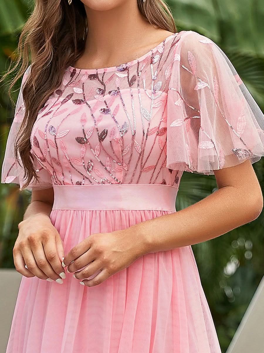 Damen A-Line Kurzarm Stickerei Bodenlanges Abendkleid #Farbe_Rosa