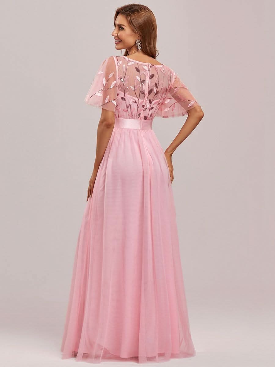 Damen A-Line Kurzarm Stickerei Bodenlanges Abendkleid #Farbe_Rosa