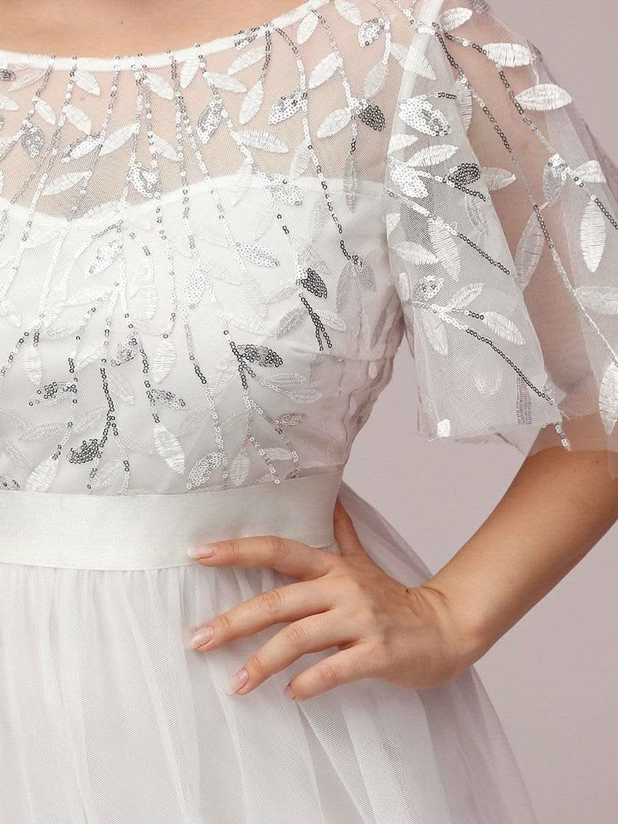 Damen A-Line Kurzarm Stickerei Bodenlanges Abendkleid #Farbe_Weiss