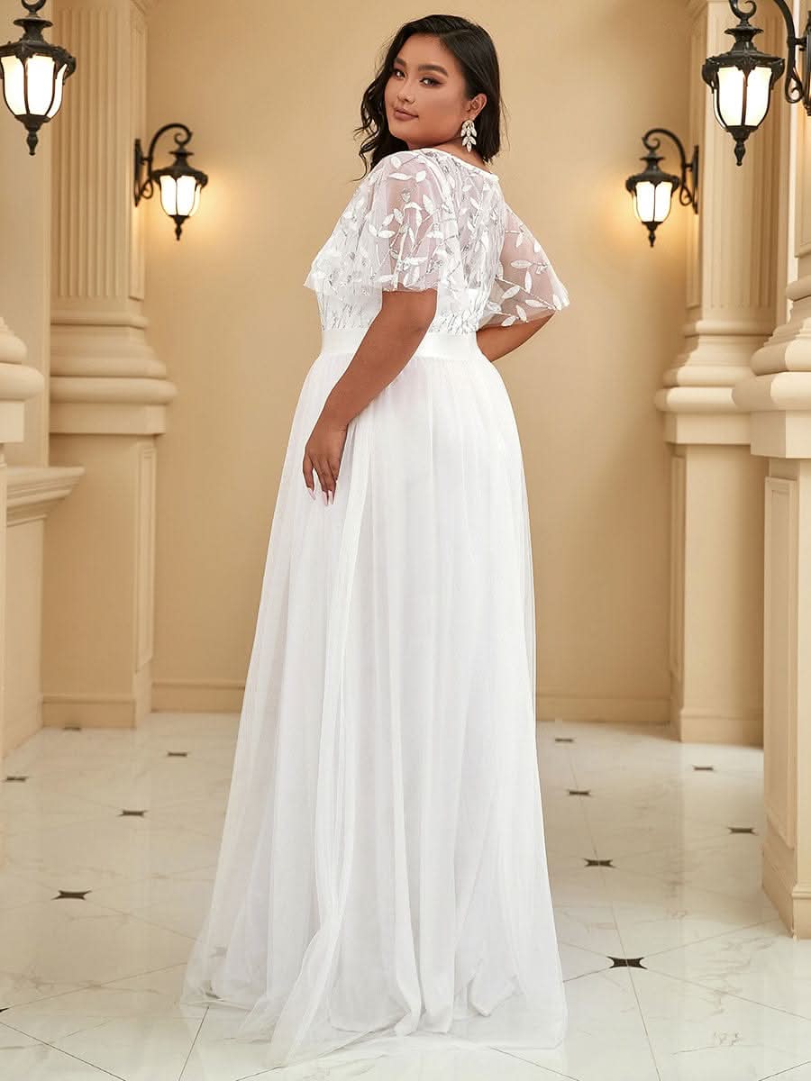 Plus Size Damen A-Line Stickerei Kurzarm Bodenlanges Brautjungfernkleid #Farbe_Weiss