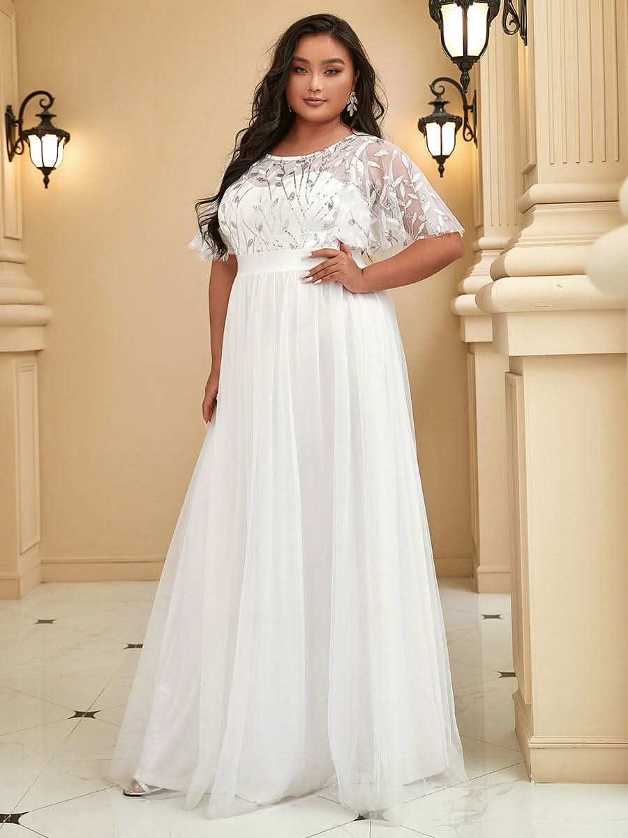 Plus Size Damen A-Line Stickerei Kurzarm Bodenlanges Brautjungfernkleid #Farbe_Weiss