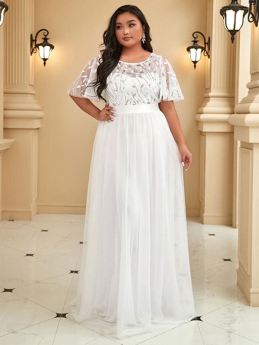 Plus Size Damen A-Line Stickerei Kurzarm Bodenlanges Brautjungfernkleid #Farbe_Weiss