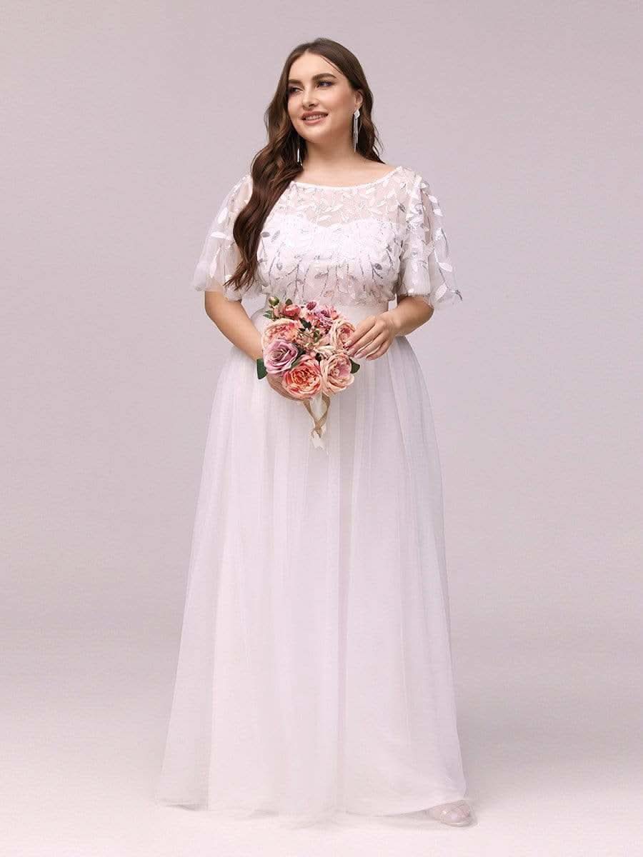 Größe Nach Maß Damen A-Line Kurzarm Stickerei Bodenlanges Abendkleid #Farbe_Weiss