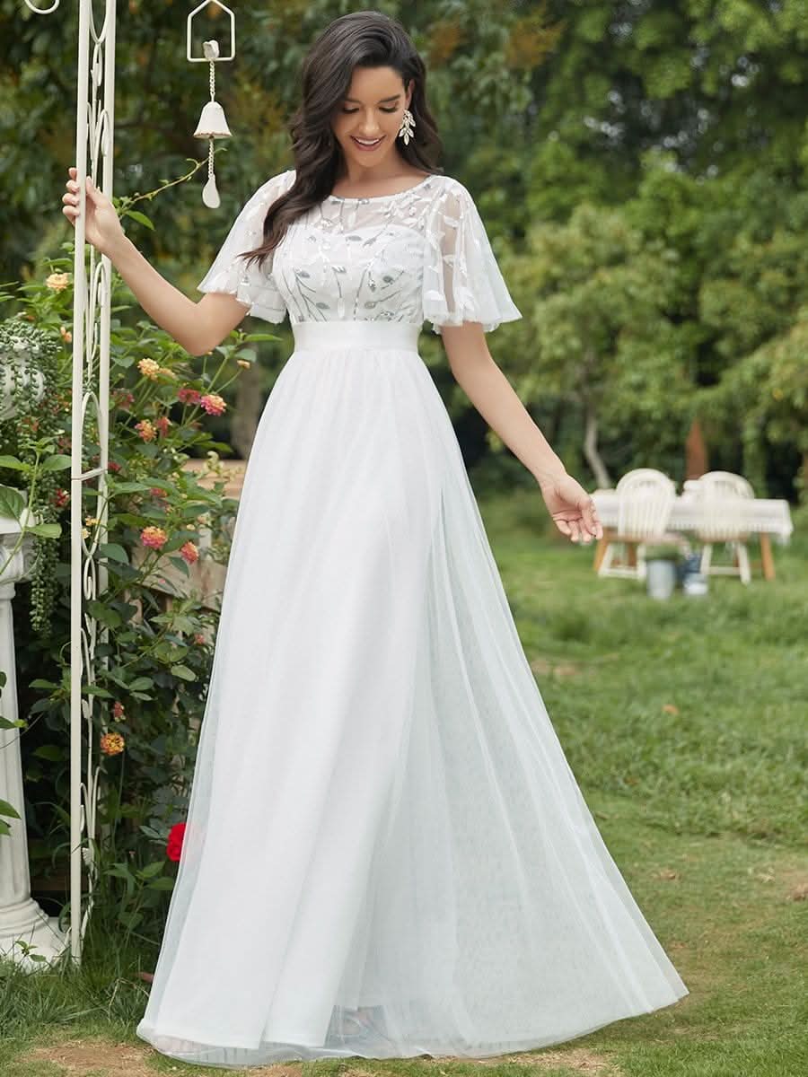 Größe Nach Maß Damen A-Line Kurzarm Stickerei Bodenlanges Abendkleid #Farbe_Weiss