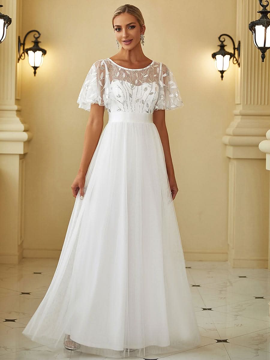 Damen A-Line Kurzarm Stickerei Bodenlanges Abendkleid #Farbe_Weiss