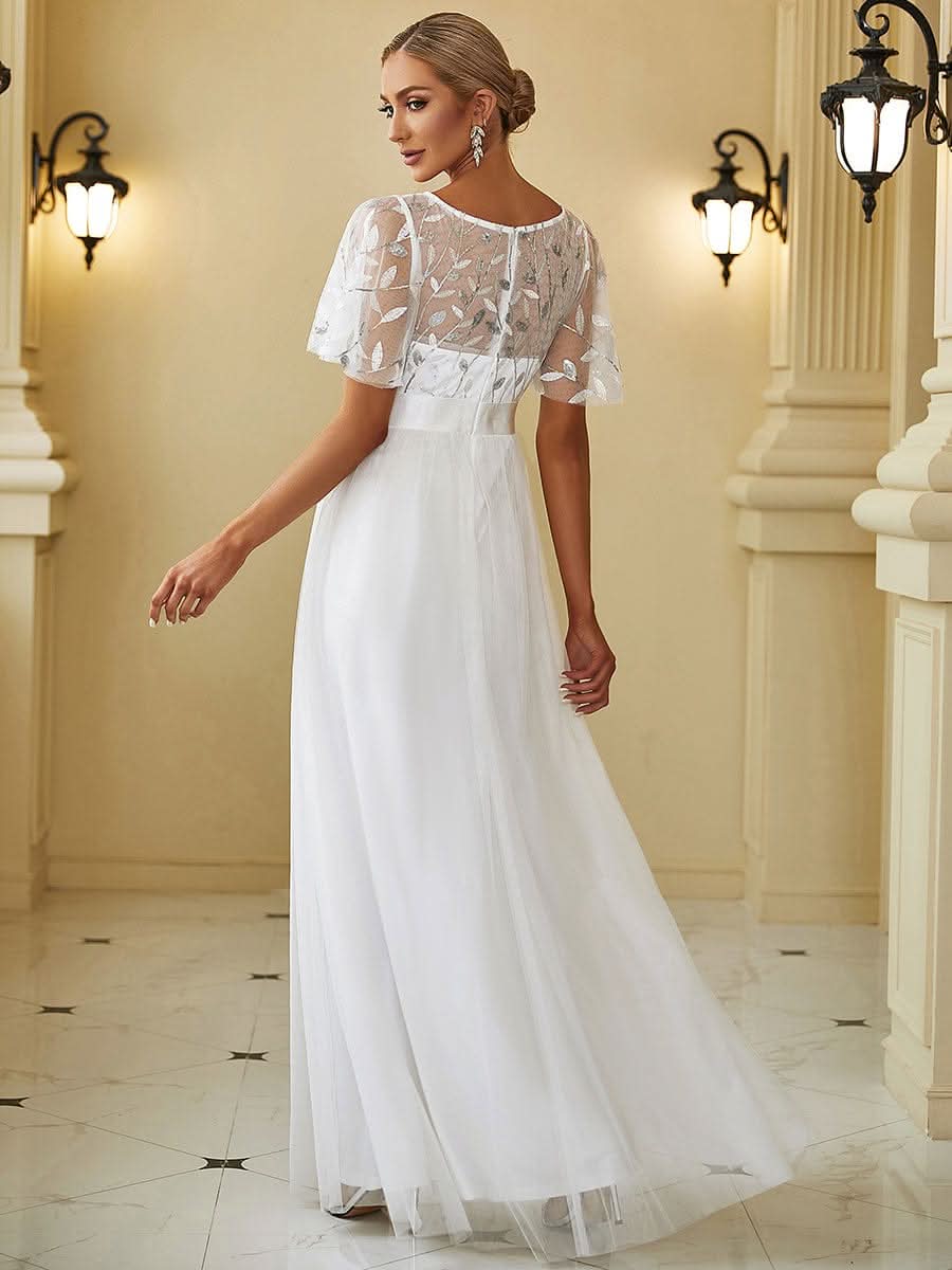 Damen A-Line Kurzarm Stickerei Bodenlanges Abendkleid #Farbe_Weiss