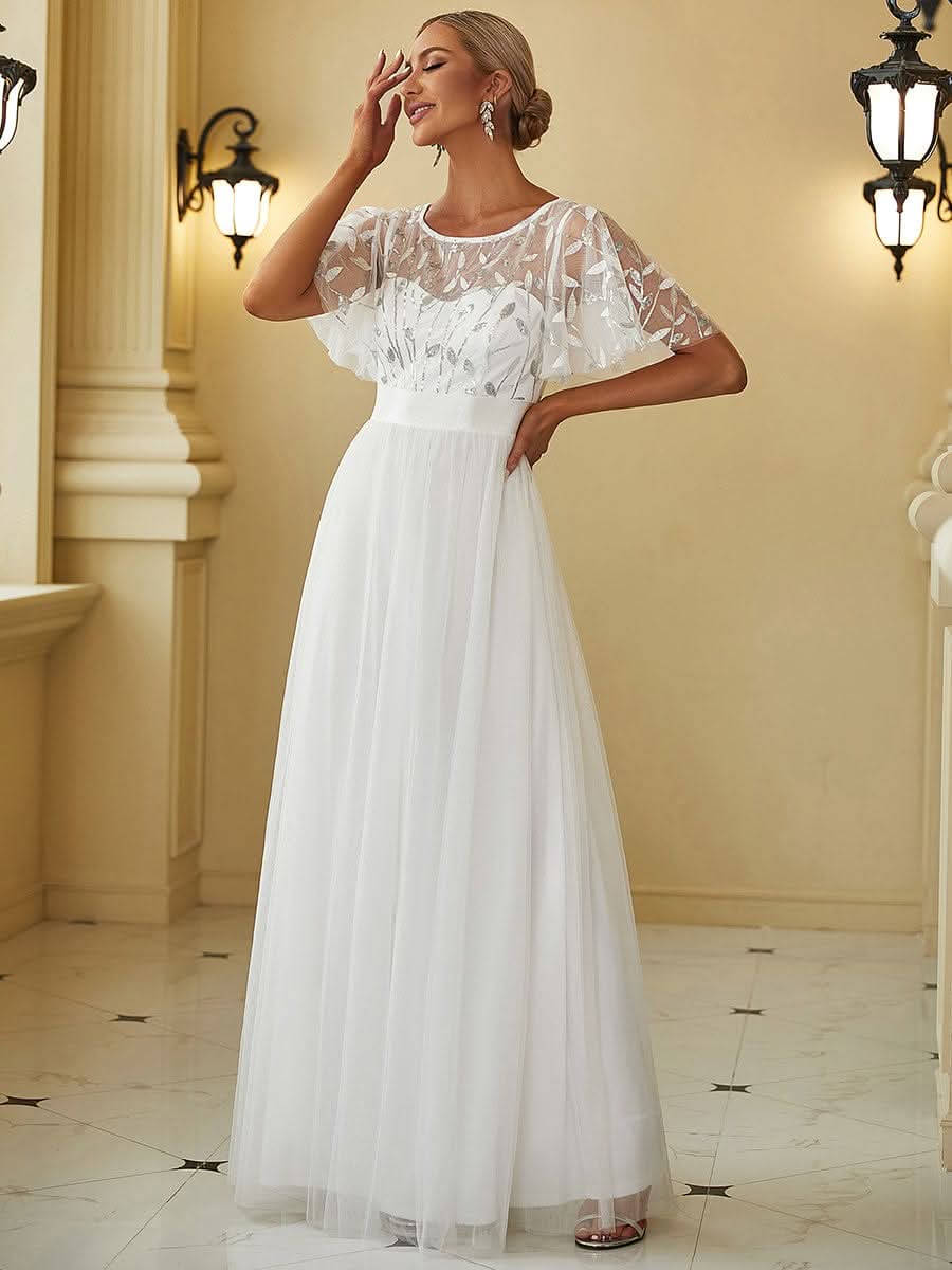 Damen A-Line Kurzarm Stickerei Bodenlanges Abendkleid #Farbe_Weiss