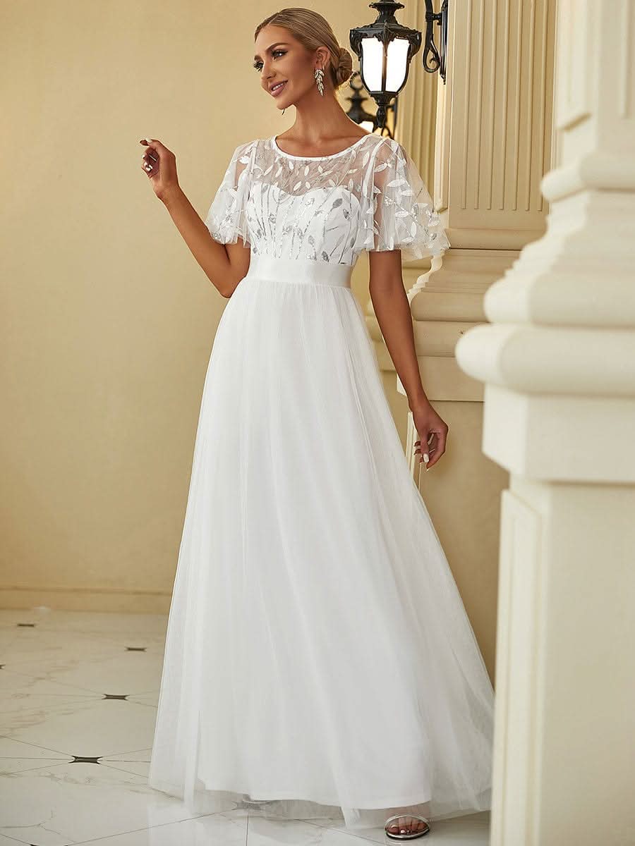 Damen A-Line Kurzarm Stickerei Bodenlanges Abendkleid #Farbe_Weiss