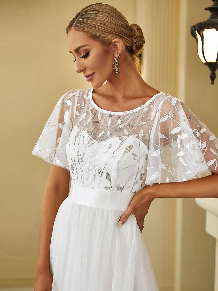 Damen A-Line Kurzarm Stickerei Bodenlanges Abendkleid #Farbe_Weiss