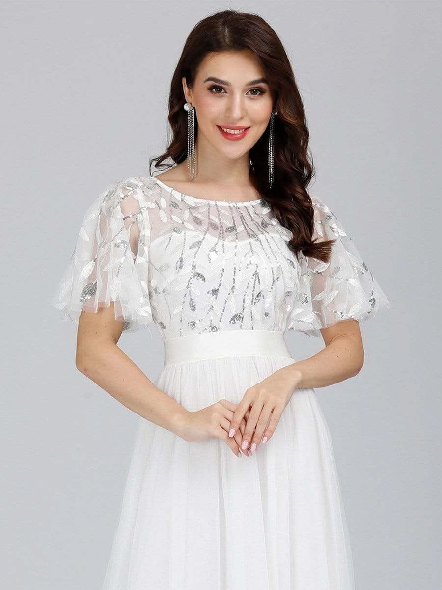 Größe Nach Maß Damen A-Line Kurzarm Stickerei Bodenlanges Abendkleid #Farbe_Weiss
