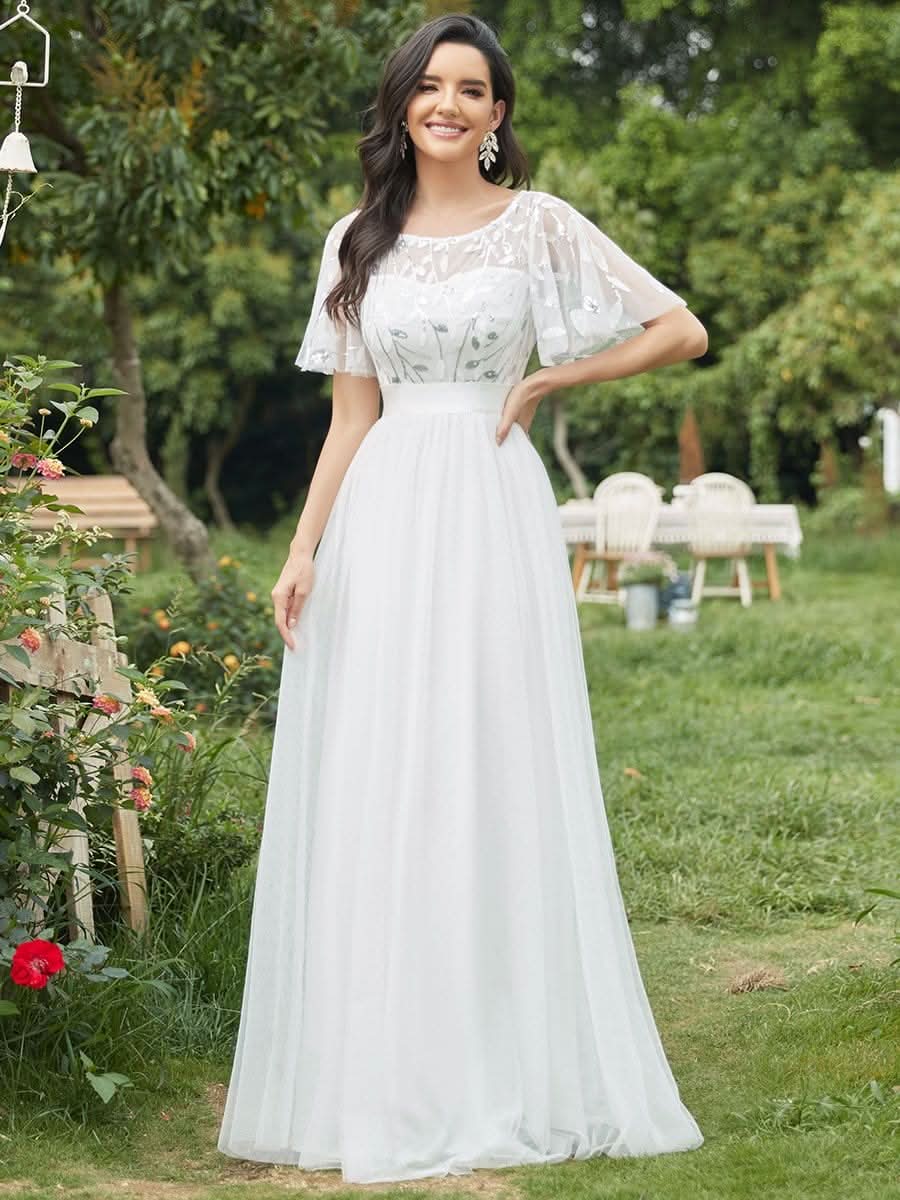 Damen A-Line Kurzarm Stickerei Bodenlanges Abendkleid #Farbe_Weiss