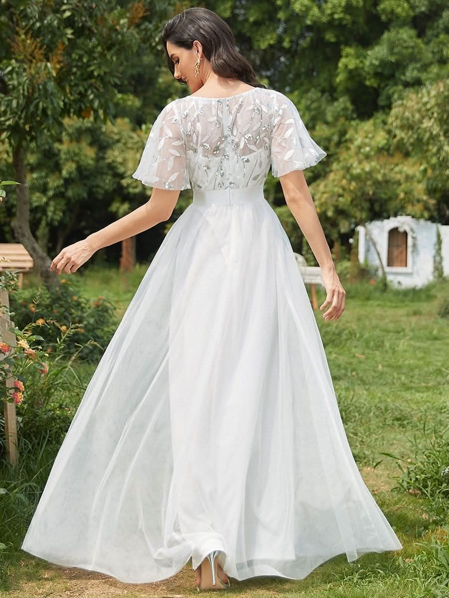 Damen A-Line Kurzarm Stickerei Bodenlanges Abendkleid #Farbe_Weiss