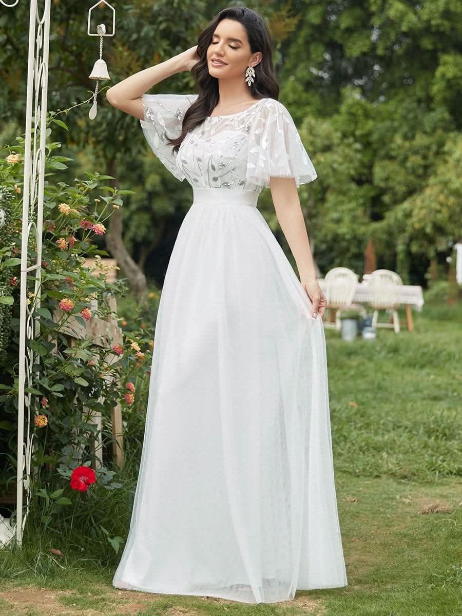 Damen A-Line Kurzarm Stickerei Bodenlanges Abendkleid #Farbe_Weiss