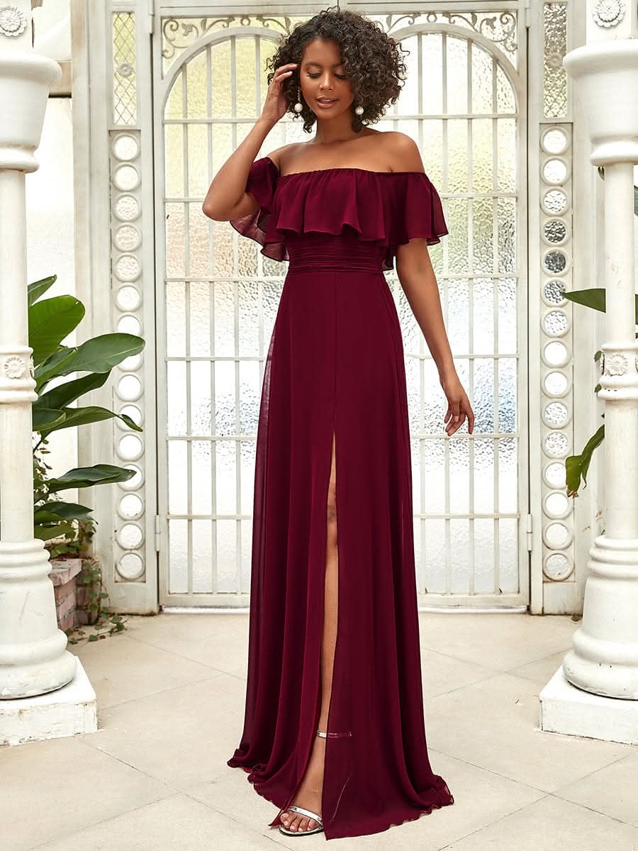 Größe Nach Maß Frauen A-Linie Schulterfrei Split Chiffon Brautjungfernkleider 00968