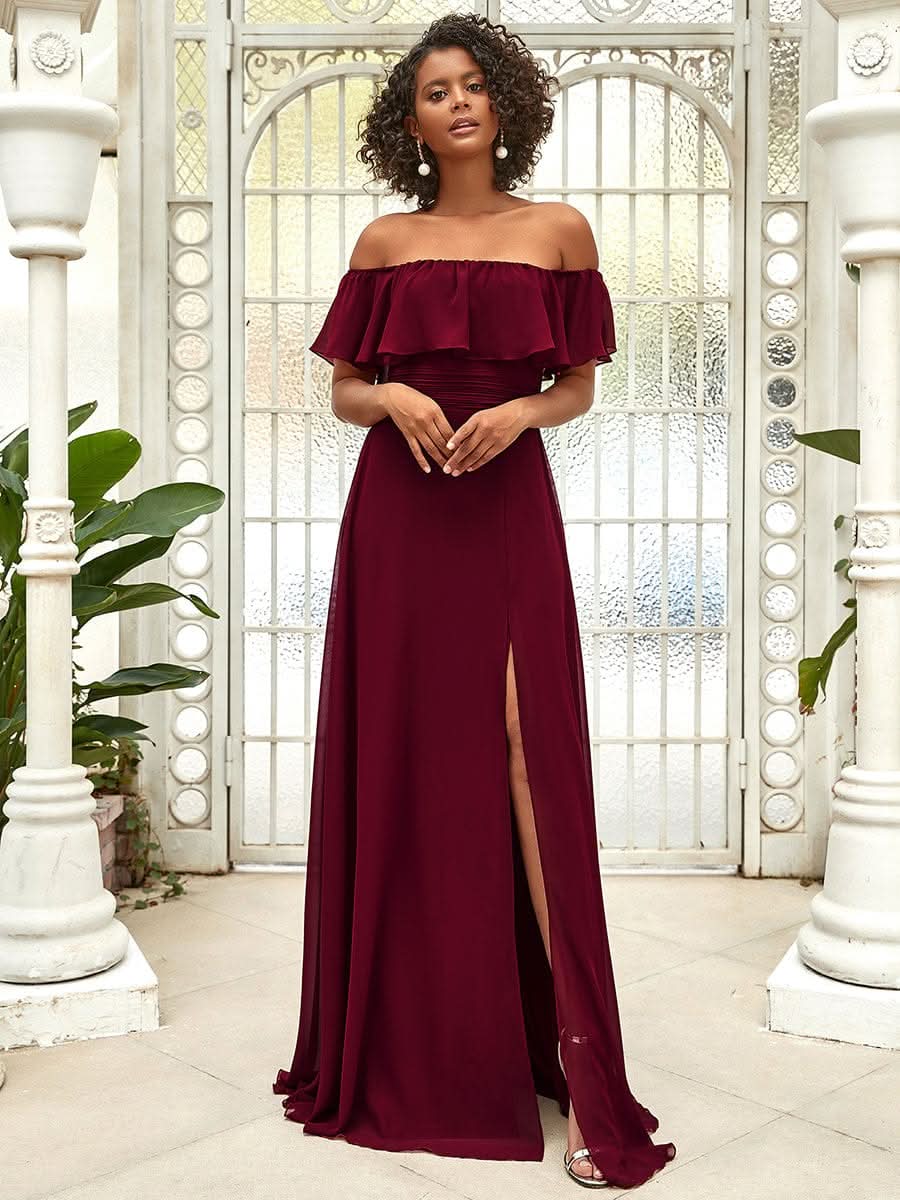 Größe Nach Maß Frauen A-Linie Schulterfrei Split Chiffon Brautjungfernkleider 00968