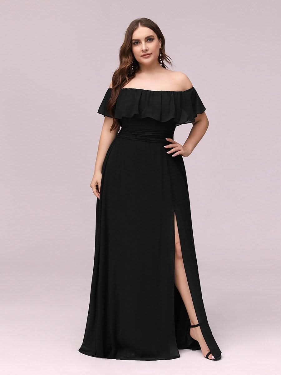 Größe Nach Maß Frauen A-Linie Schulterfrei Split Chiffon Brautjungfernkleider 00968