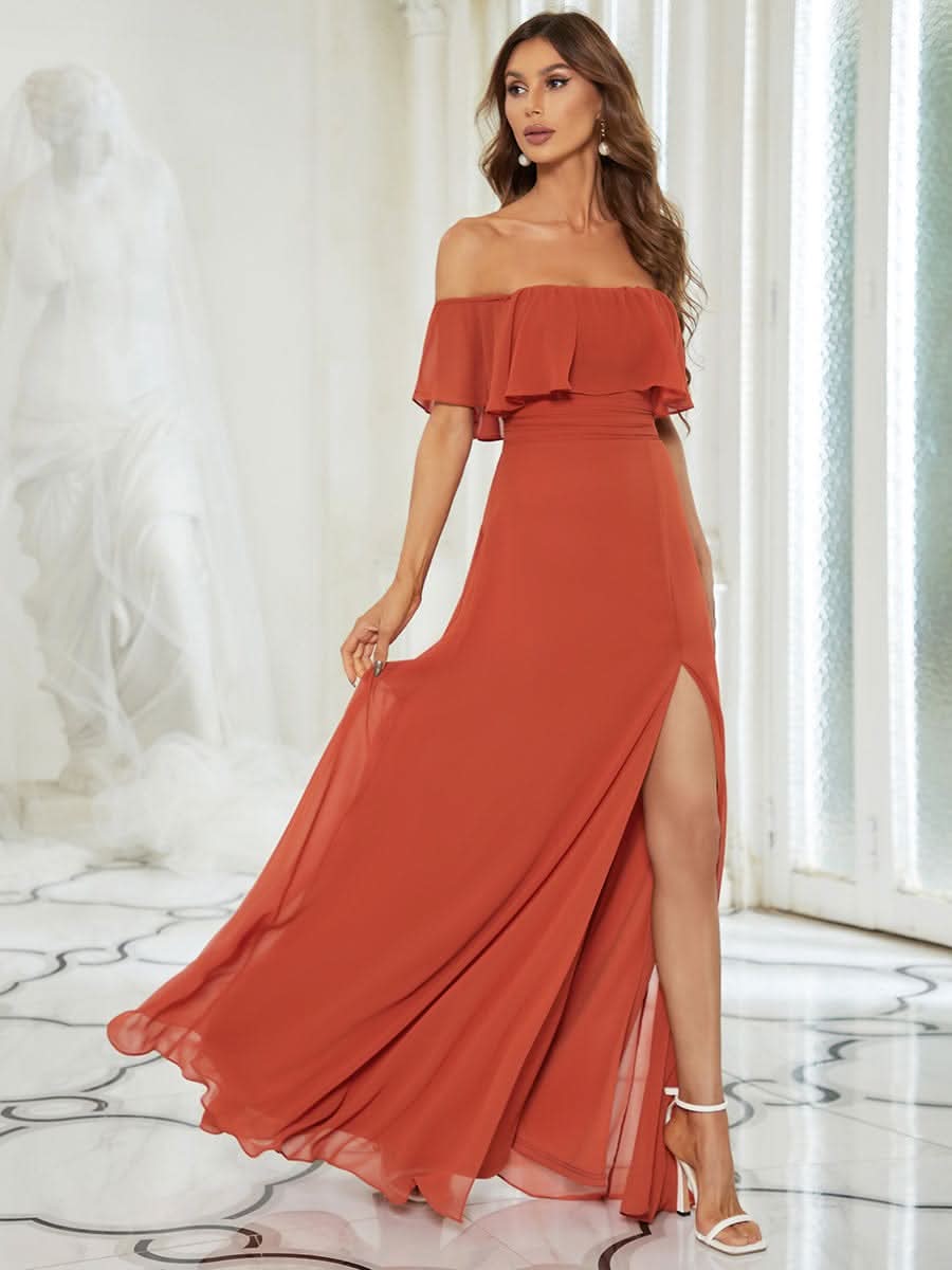 Größe Nach Maß Frauen A-Linie Schulterfrei Split Chiffon Brautjungfernkleider 00968