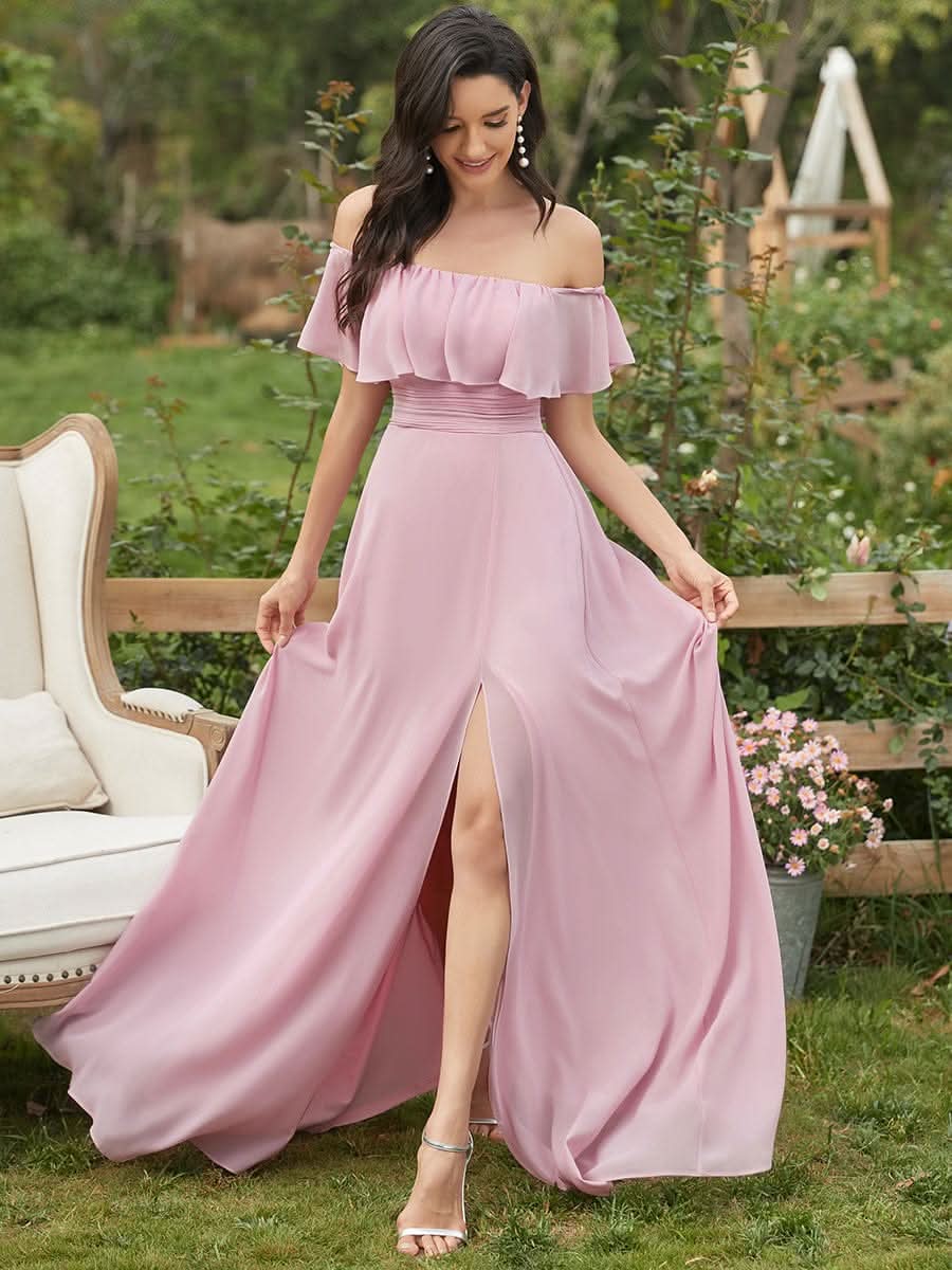 Größe Nach Maß Frauen A-Linie Schulterfrei Split Chiffon Brautjungfernkleider 00968
