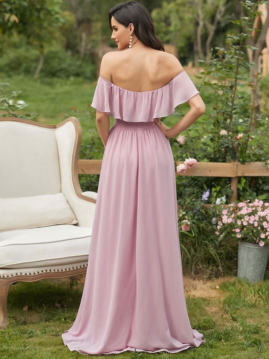 Größe Nach Maß Frauen A-Linie Schulterfrei Split Chiffon Brautjungfernkleider 00968